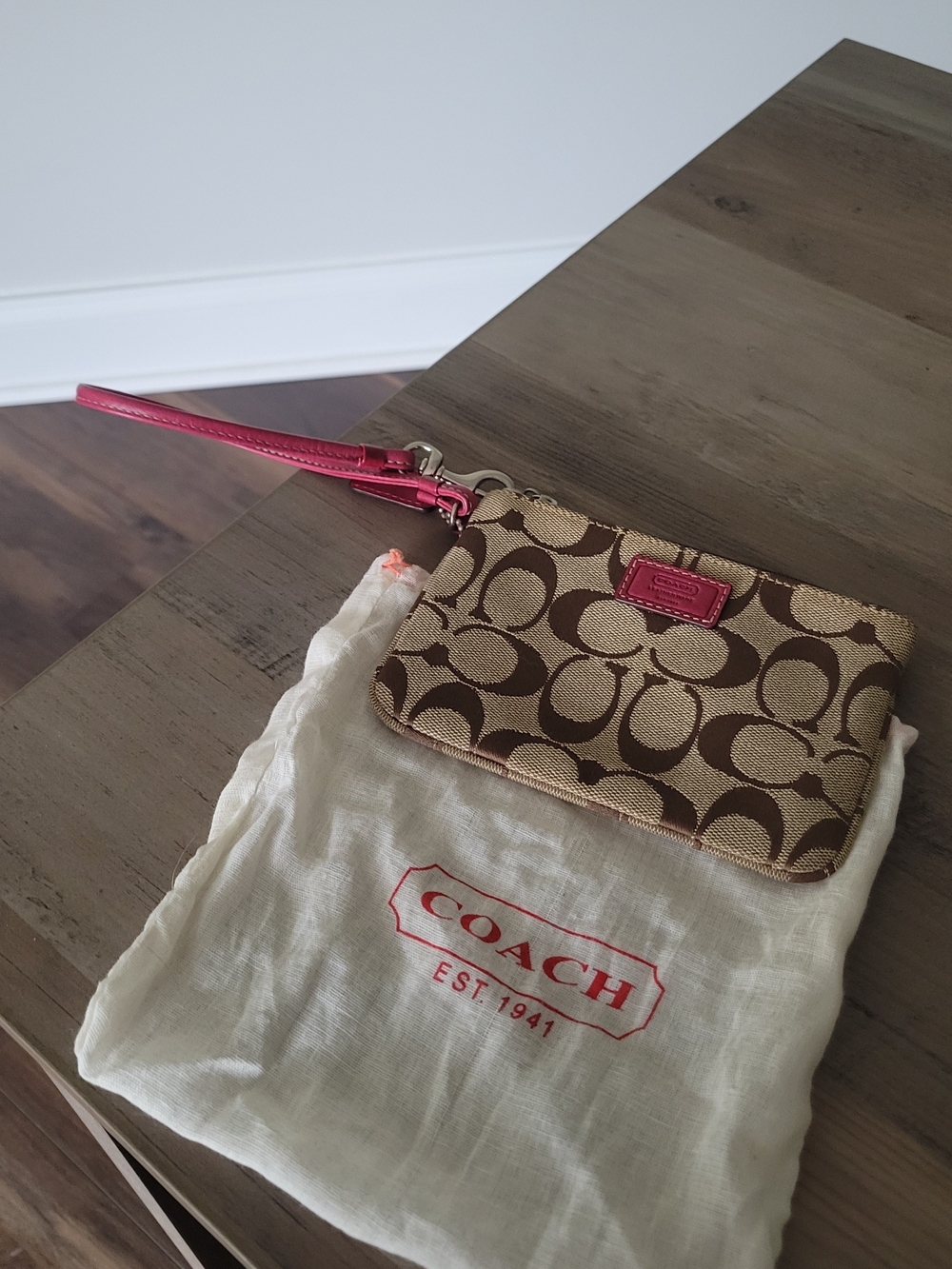 Coach Signature Canvas Wristlet in Brown with Pink Trim